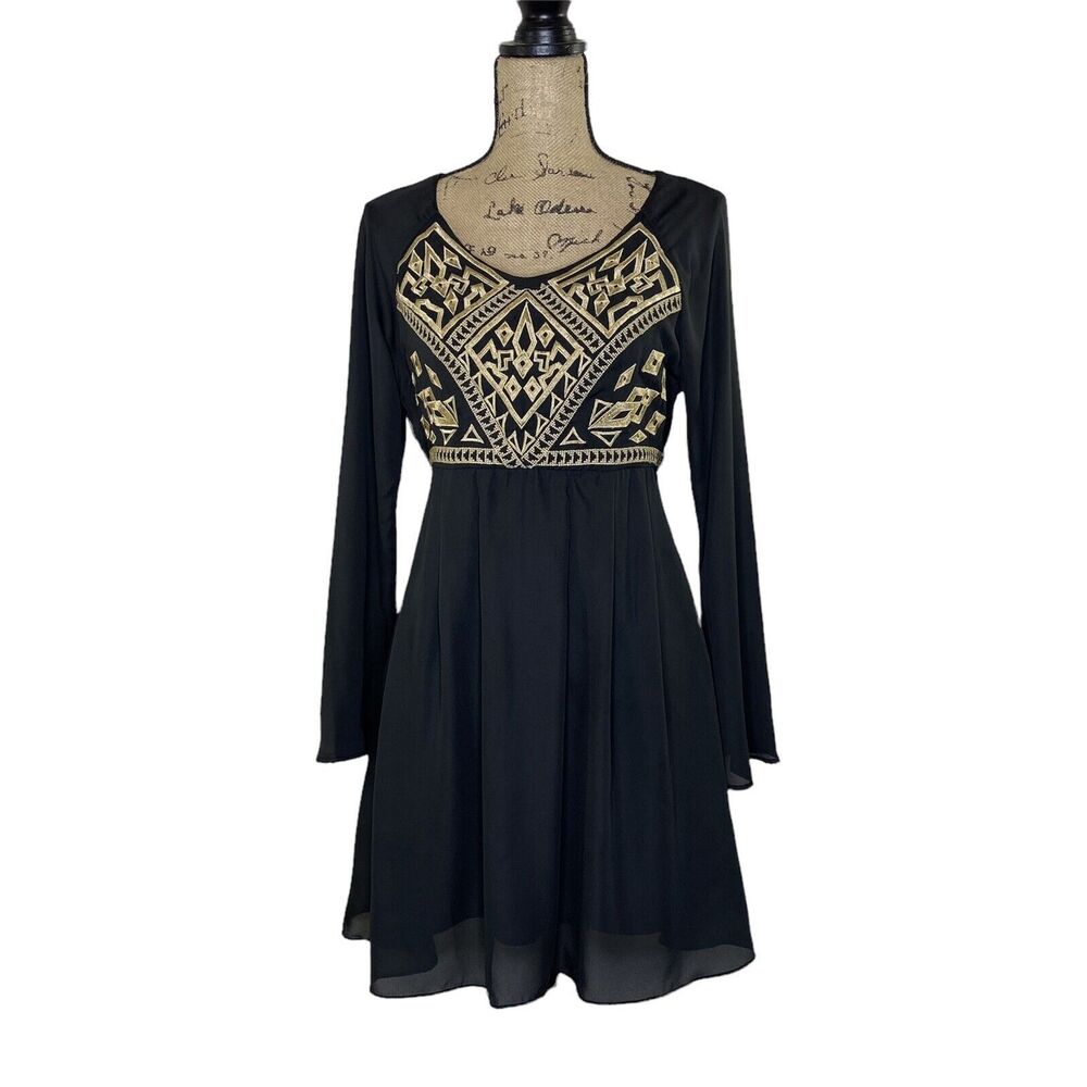 Illa Illa Little Black‎ Dress Size M Gold Embroidered Fit Flare Cocktail Party